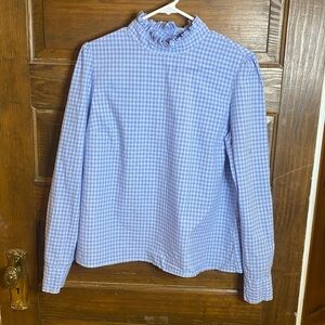 Beautiful Ruffle Neck Light Blue Plaid Blouse Like New Size L Fits Like a M